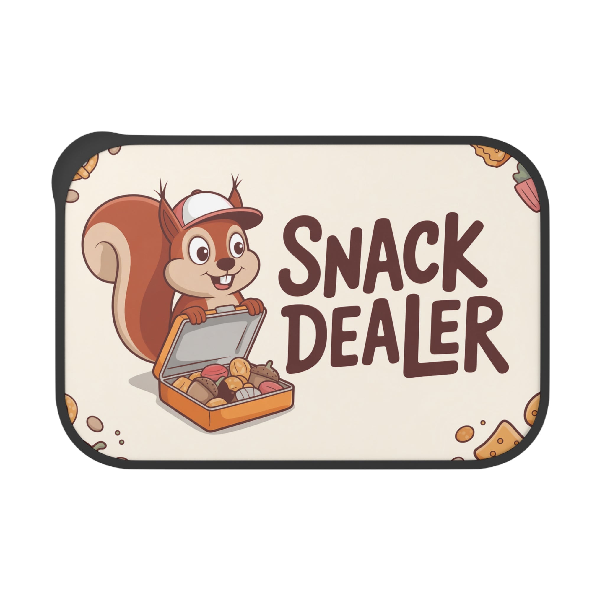 Cartoon squirrel in a hat holding an open lunchbox with "SNACK DEALER" text.