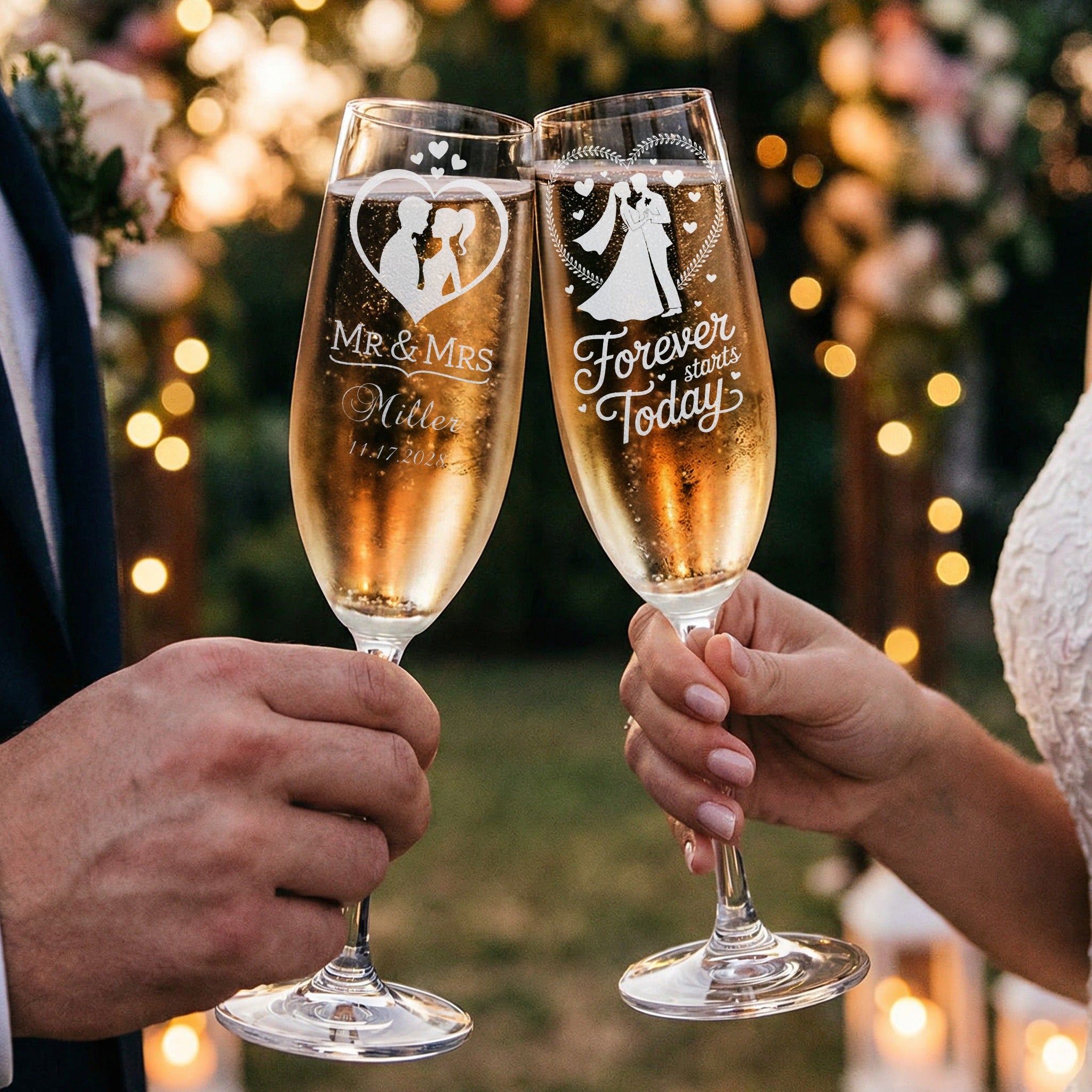 Champagne flutes toast with "Mr & Mrs Miller" and "Forever starts Today" etched on glass.