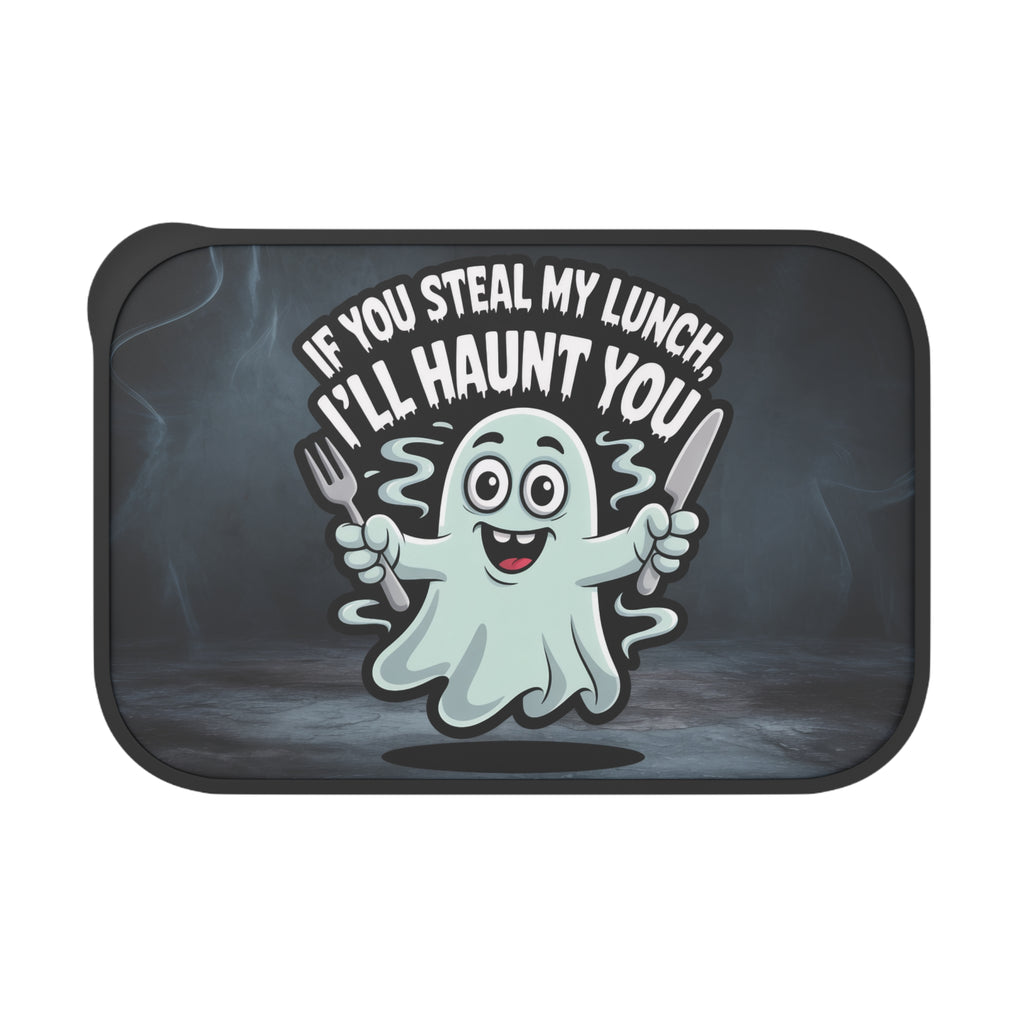 Ghost holding fork and knife with text "IF YOU STEAL MY LUNCH, I'LL HAUNT YOU".