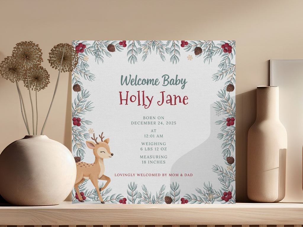 Welcome Baby Holly Jane birth announcement with a deer and holiday wreath.
