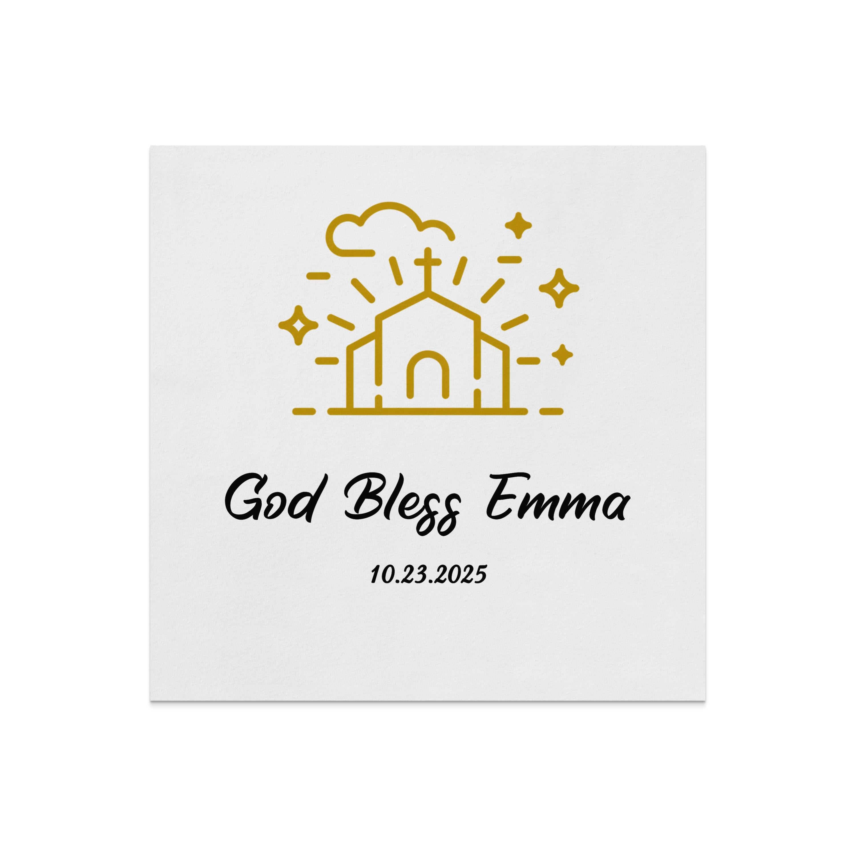 Gold church icon above "God Bless Emma" and "10.23.2025".