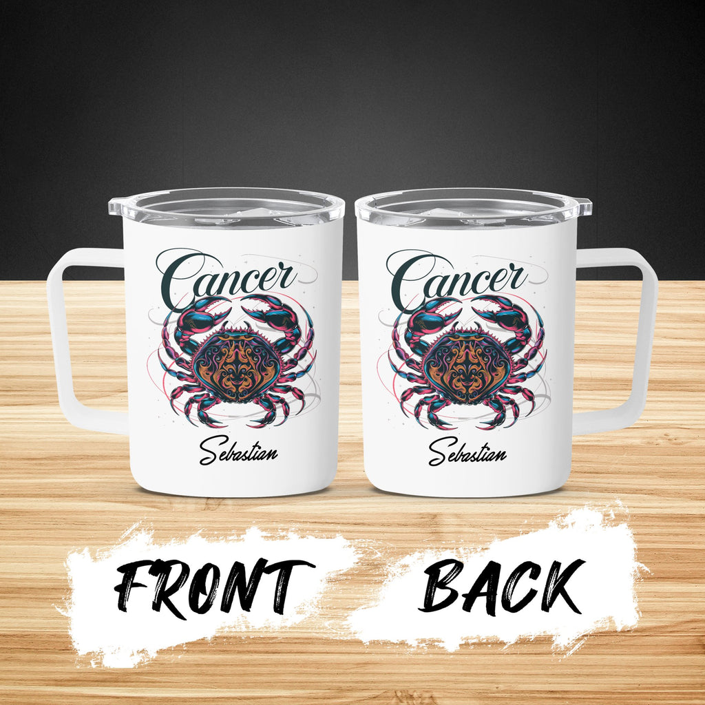 Cancer zodiac constellation crab design on white travel mugs, front and back views.