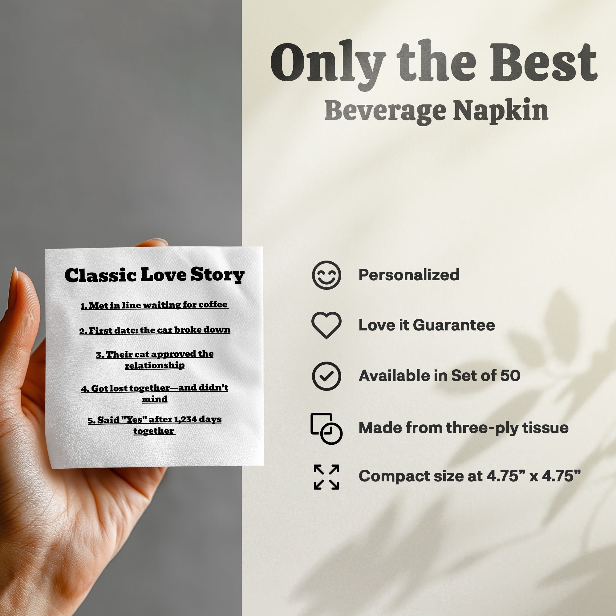 Beverage napkin with "Classic Love Story" list of milestones and product features.