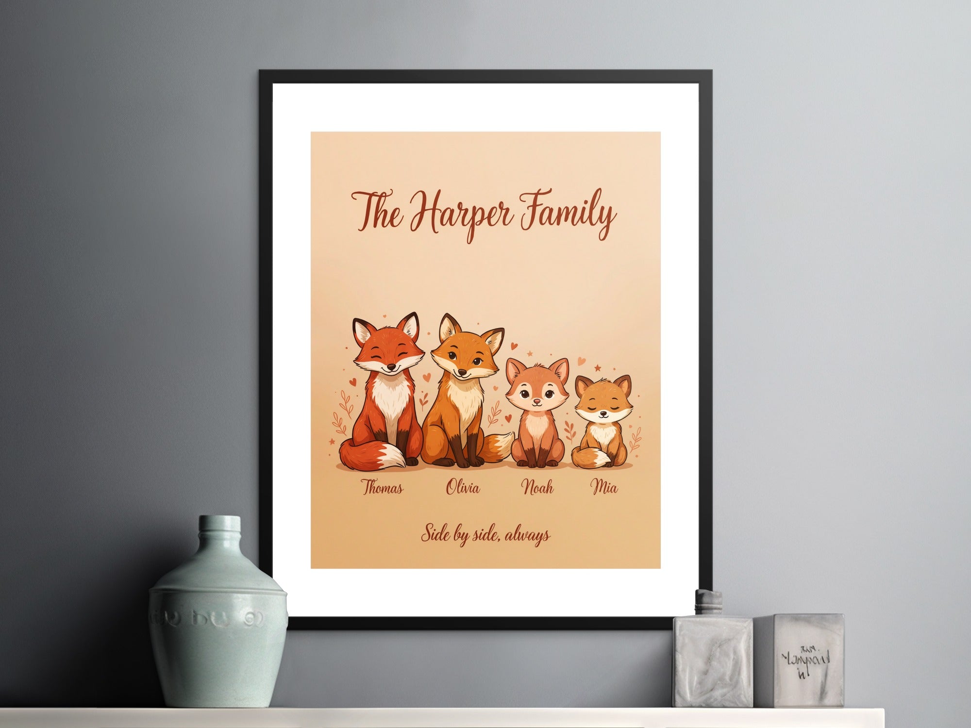 "The Harper Family" framed print with four foxes and their names.