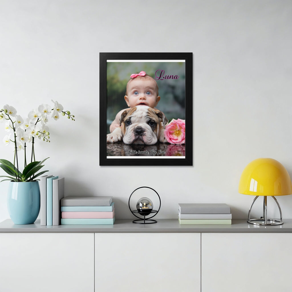 Framed portrait of a baby and a bulldog puppy with pink roses.