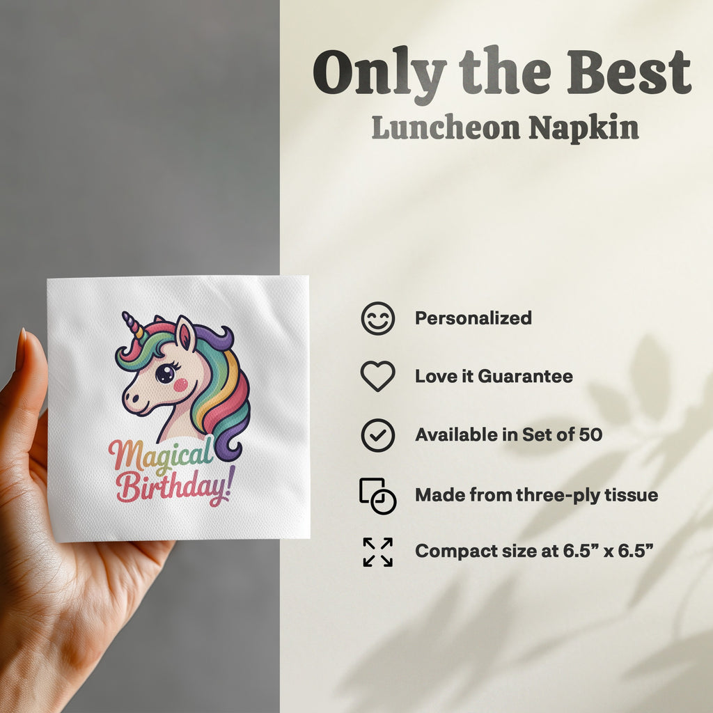 White luncheon napkin with unicorn and "Magical Birthday!" text.