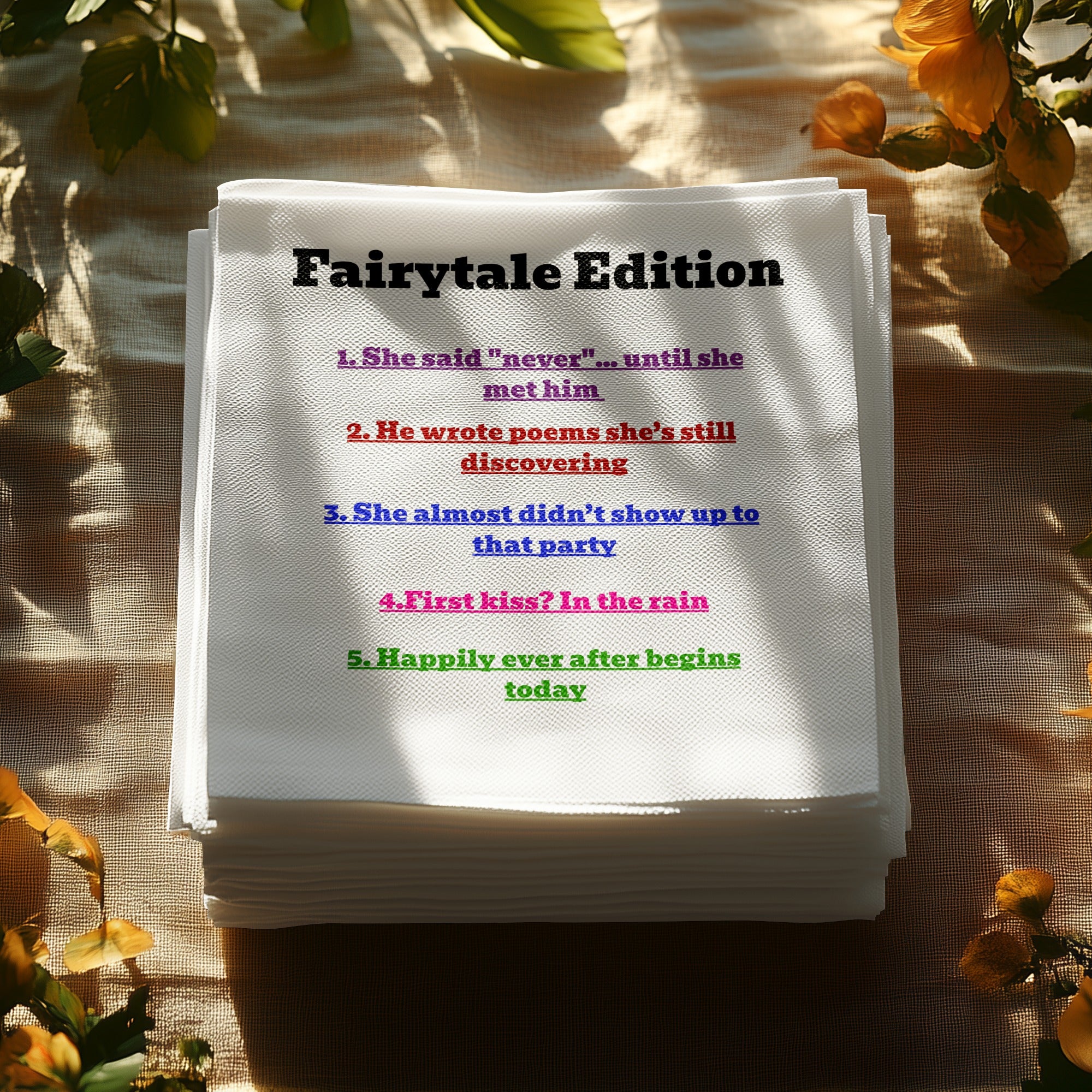 Fairytale Edition napkins with five romantic quotes.