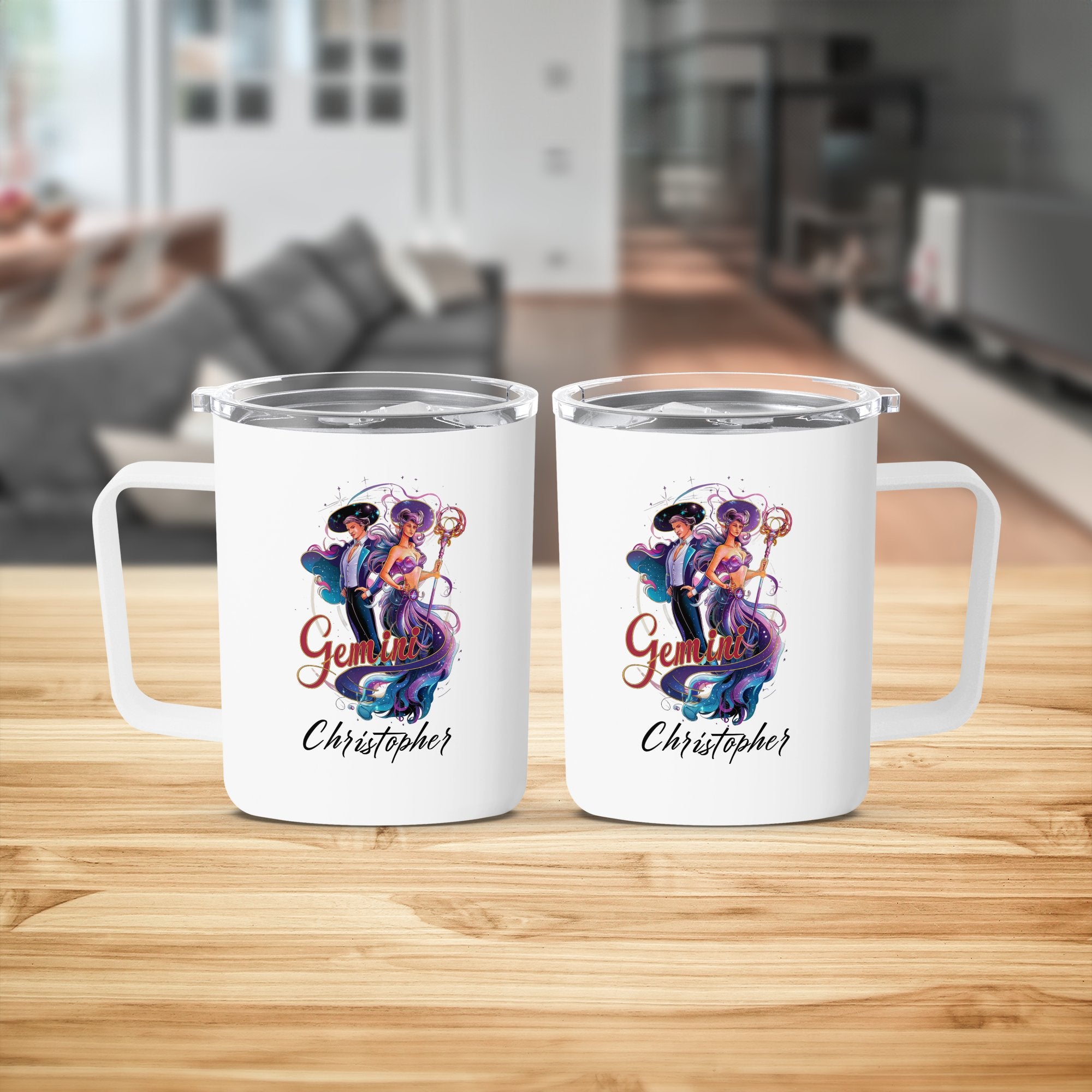 Two white travel mugs with Gemini astrological symbol and "Christopher" text.