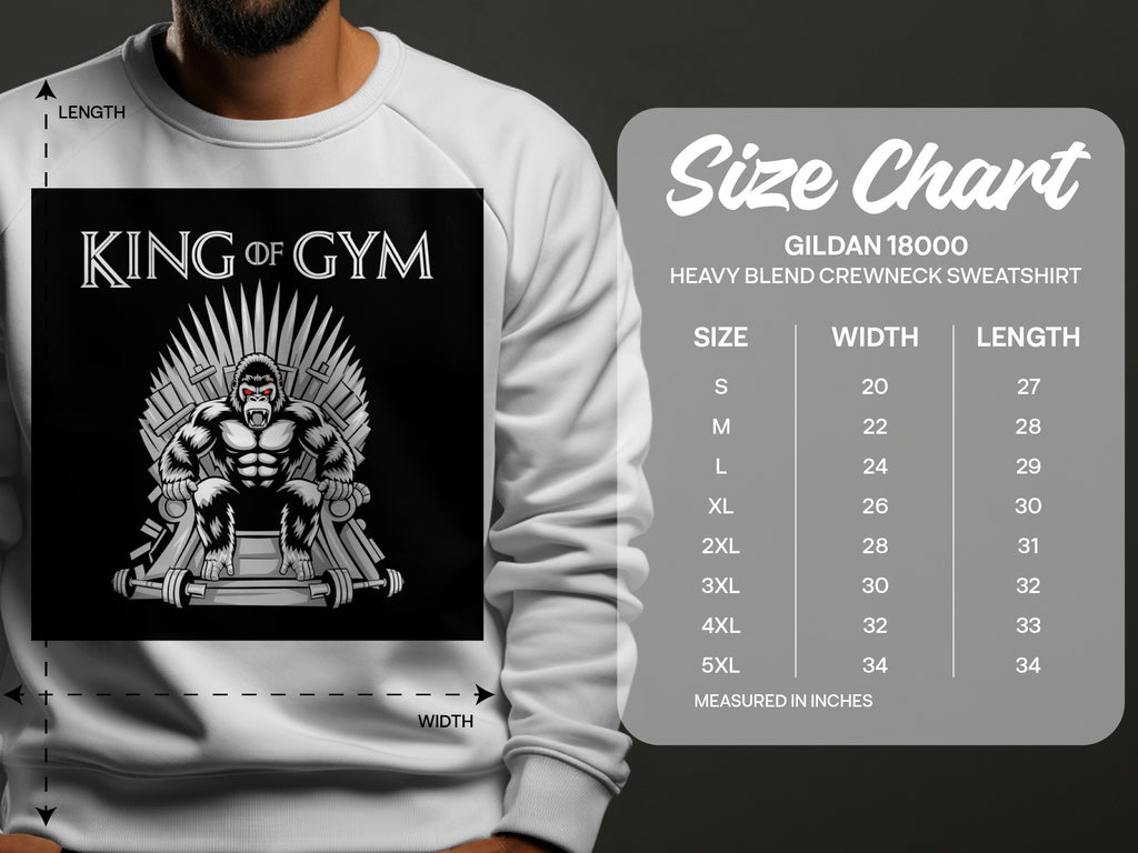 King of Gym graphic on sweatshirt, with Gildan 18000 size chart.