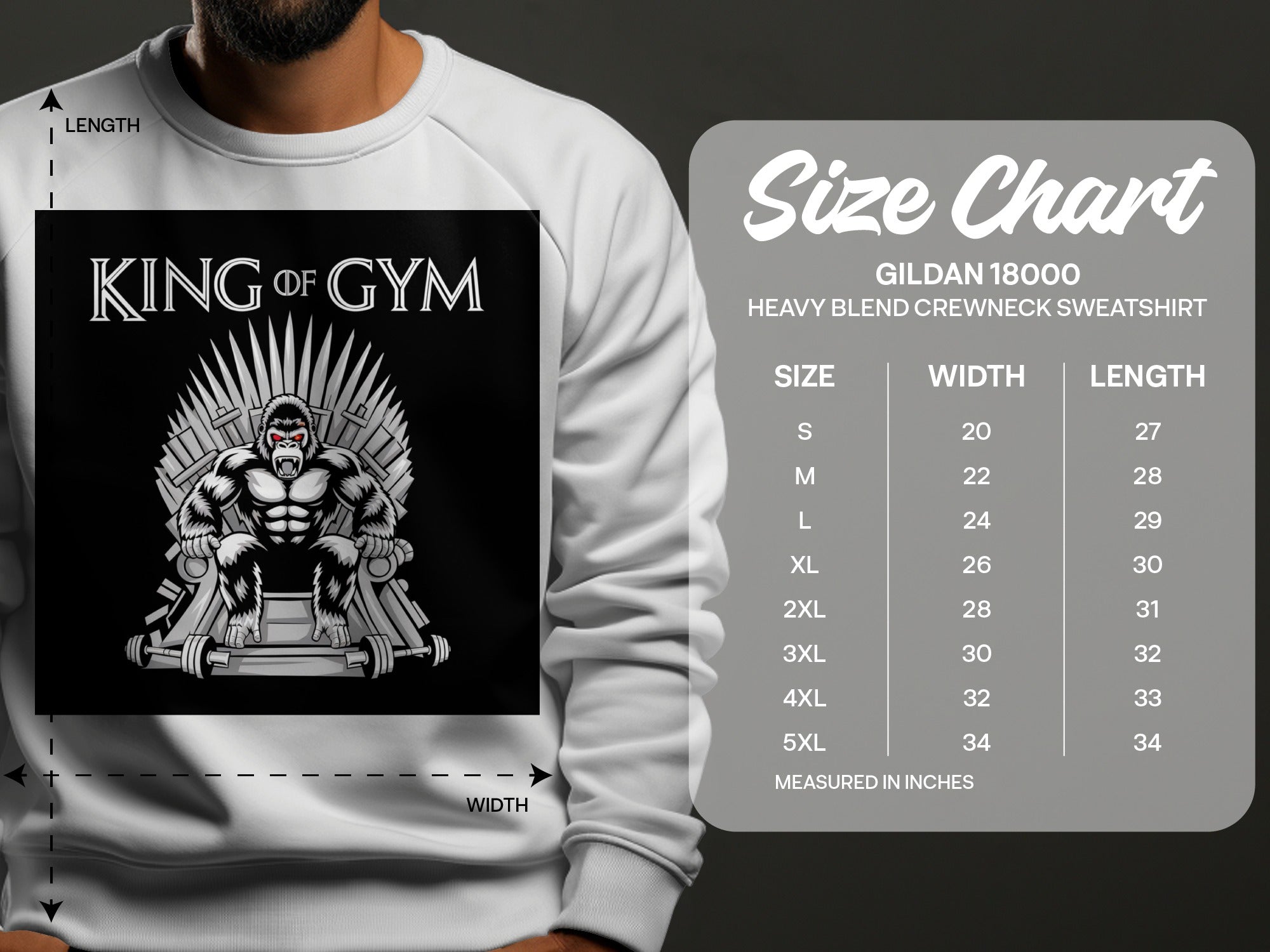 King of Gym graphic on sweatshirt, with Gildan 18000 size chart.