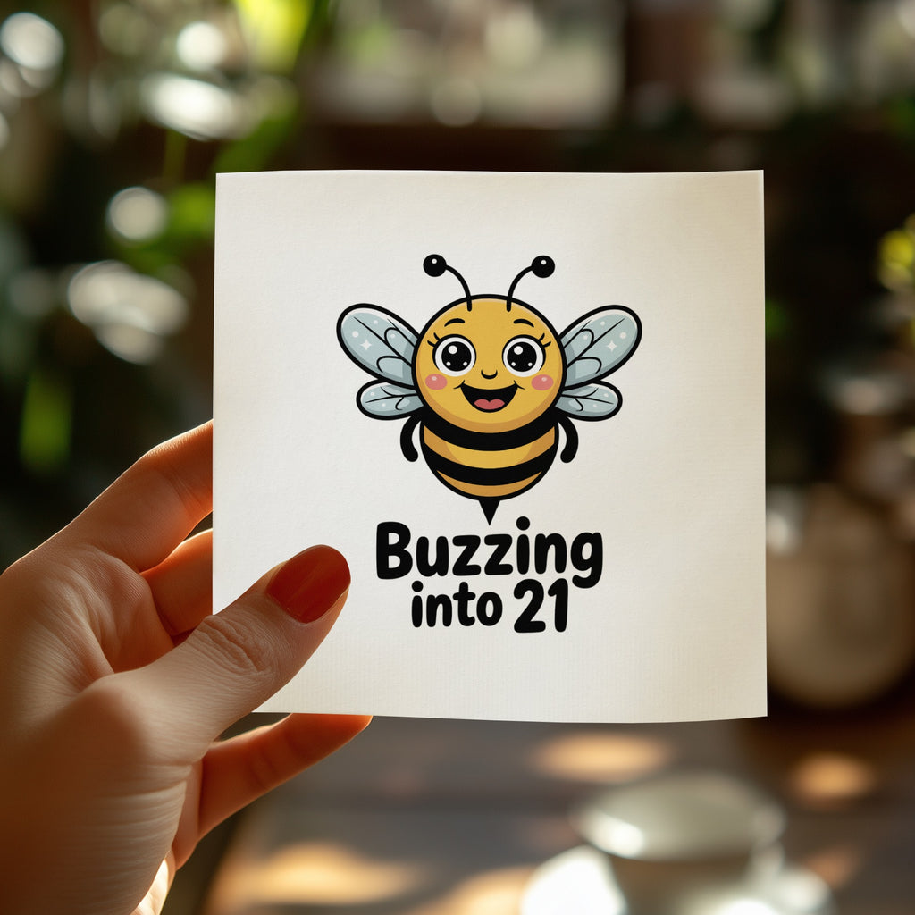 Card with cartoon bee and text "Buzzing into 21" held by a hand.