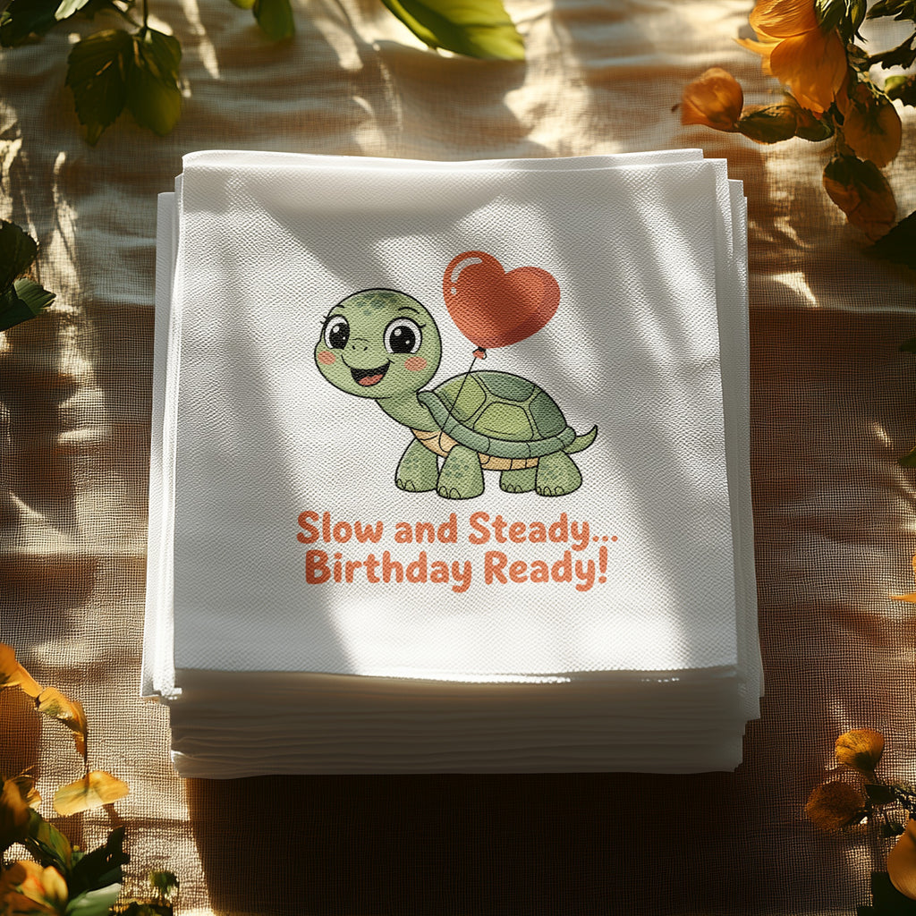 Stack of white napkins with a cartoon turtle and balloon, reading "Slow and Steady... Birthday Ready!"