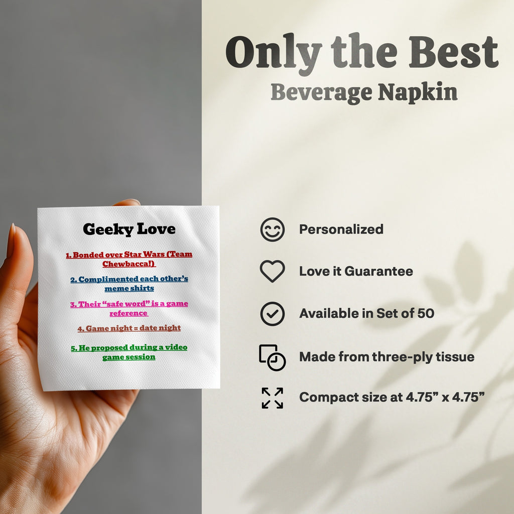 Beverage napkin with "Geeky Love" and Star Wars-themed relationship milestones.