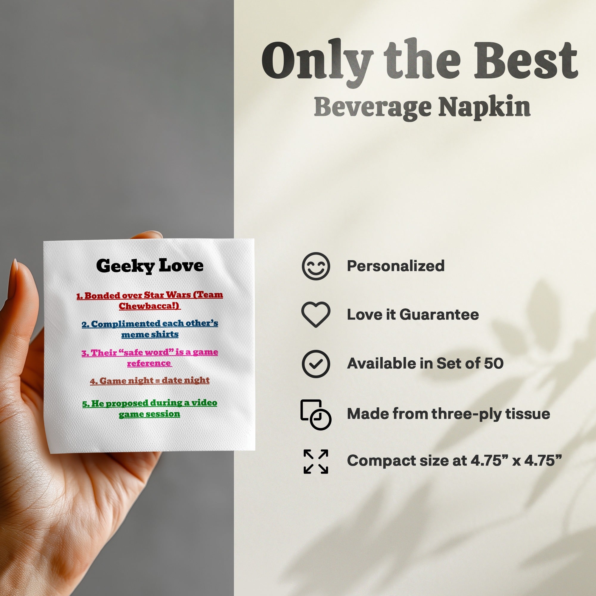 Beverage napkin with "Geeky Love" and Star Wars-themed relationship milestones.