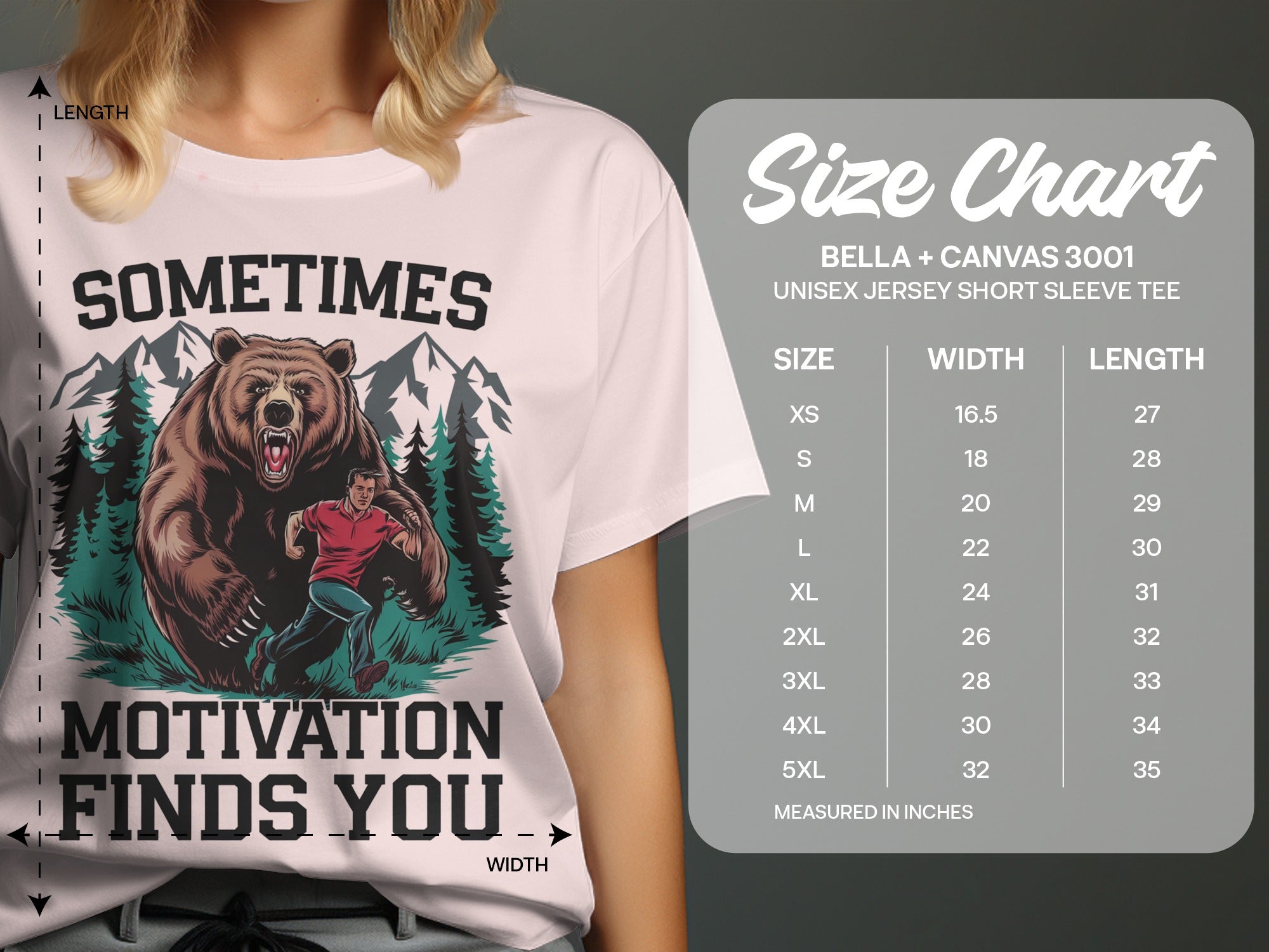 T-shirt with bear and runner graphic and size chart.