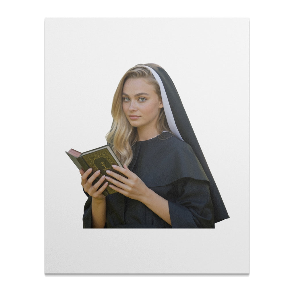 Nun wearing a habit, holding an open book with ornate gold lettering.
