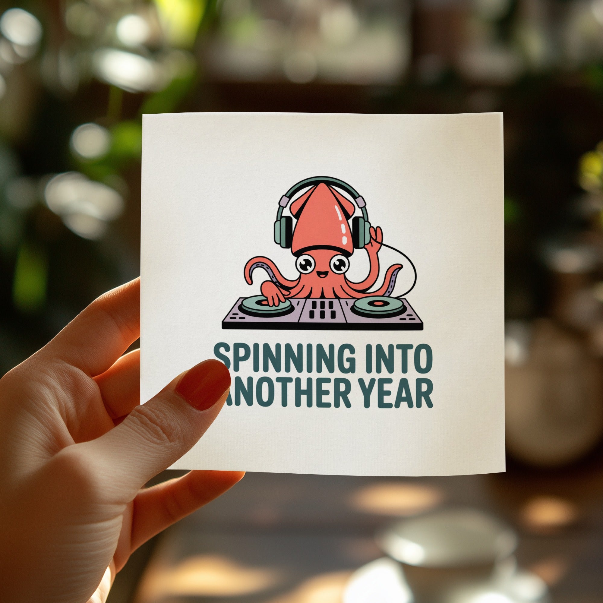 Cute octopus DJ with headphones and "Spinning Into Another Year" text.