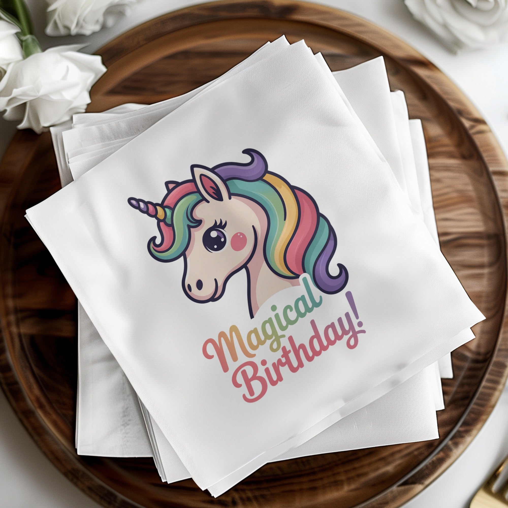 White napkins with a rainbow unicorn and "Magical Birthday!" text.