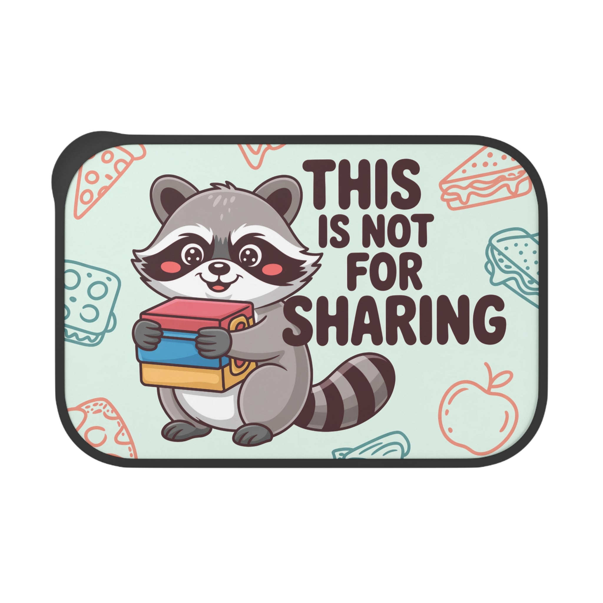 Raccoon holding stack of books with "This is not for sharing" text.