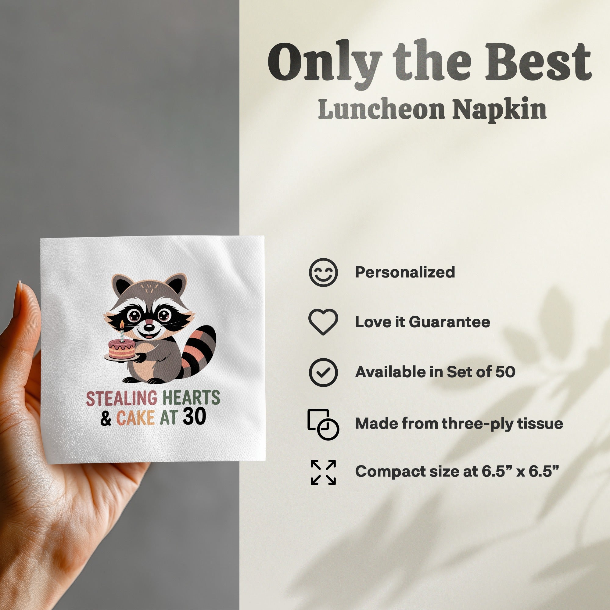 Luncheon napkin with raccoon and cake design, "Stealing Hearts & Cake At 30".