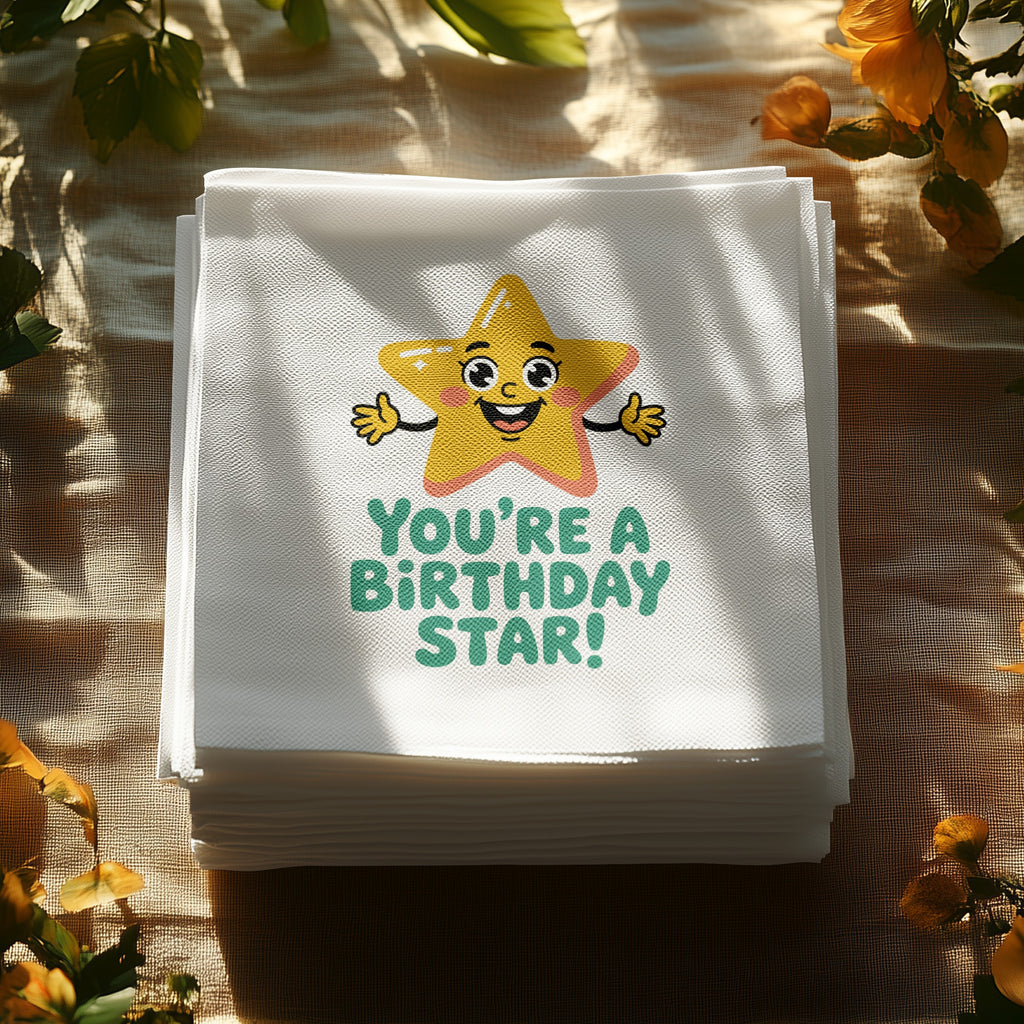 Napkins with a smiling cartoon star saying "You're a Birthday Star!"