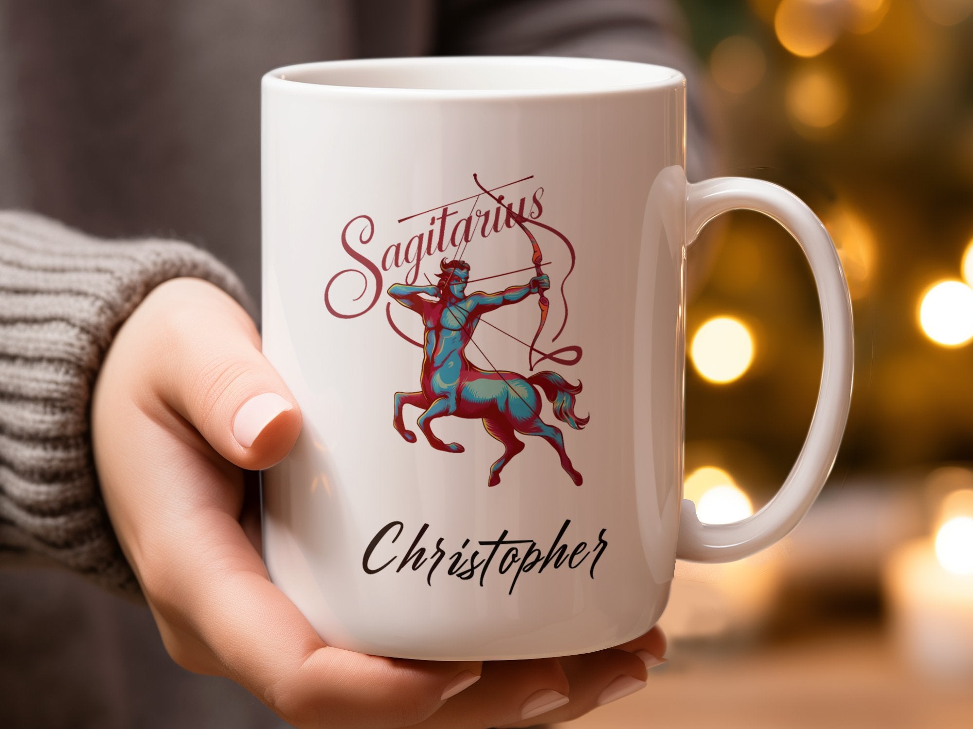 White mug with Sagittarius zodiac symbol and "Christopher" text.