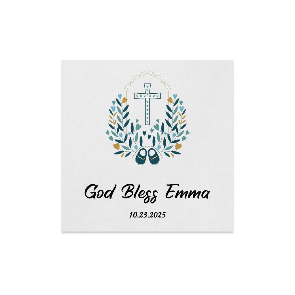 Christening card with "God Bless Emma" and date, featuring a cross and baby booties.
