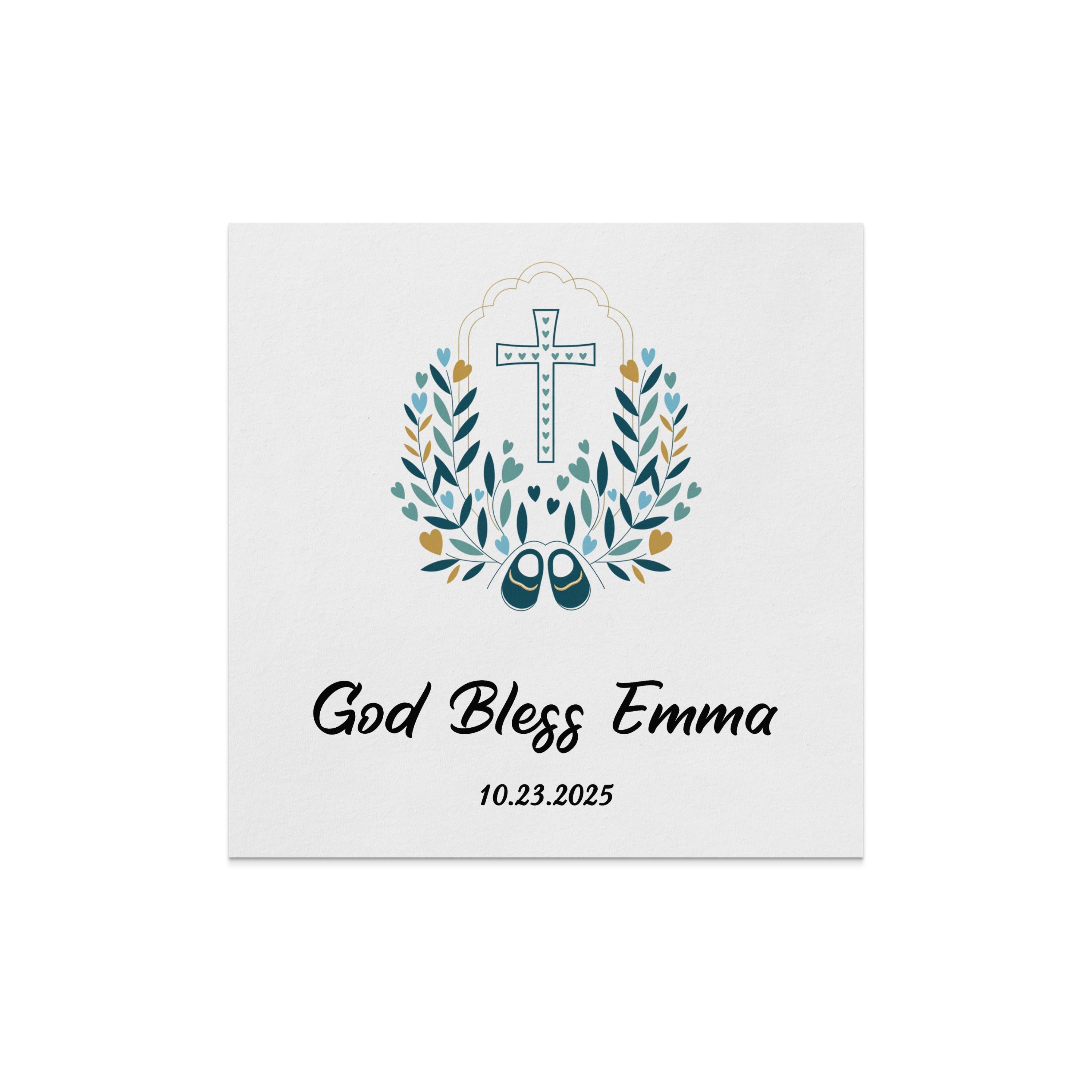 Christening card with "God Bless Emma" and date, featuring a cross and baby booties.