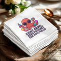 White cocktail napkins with cartoon octopus wearing sunglasses and donuts, text "EIGHT ARMS, ZERO PATIENCE FOR ADULTHOOD".