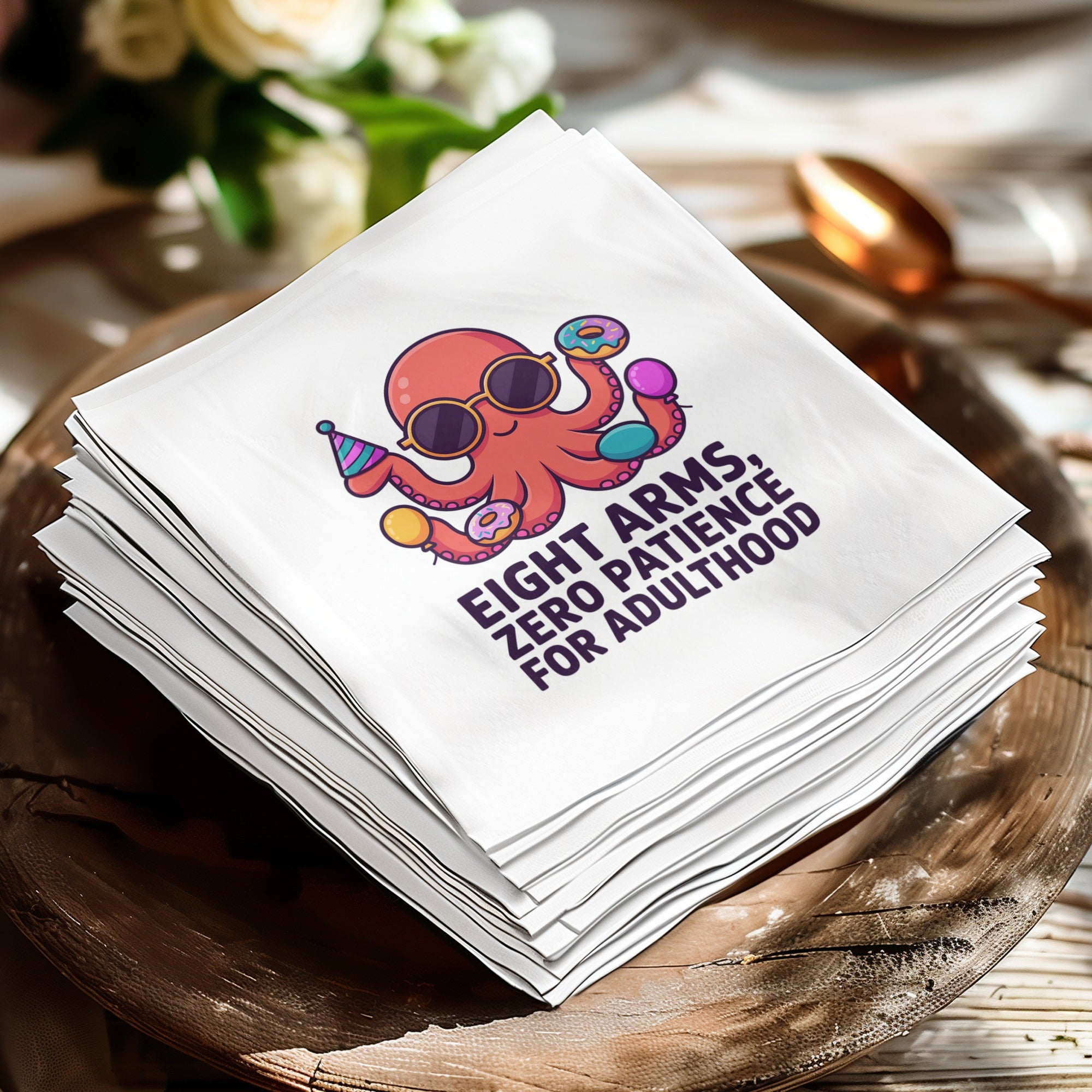 White cocktail napkins with cartoon octopus wearing sunglasses and donuts, text "EIGHT ARMS, ZERO PATIENCE FOR ADULTHOOD".