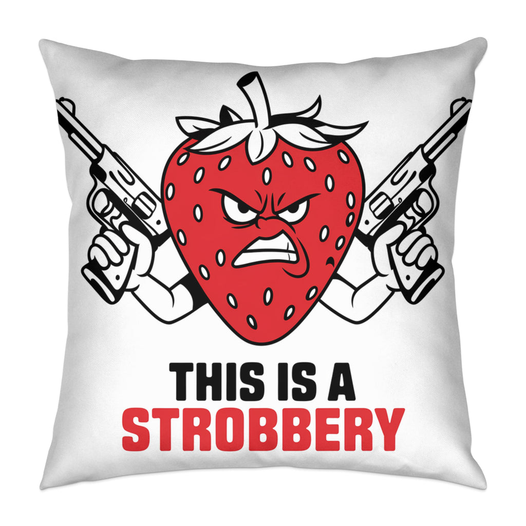 Fictional angry strawberry holding two pistols with text "THIS IS A STROBERRY".