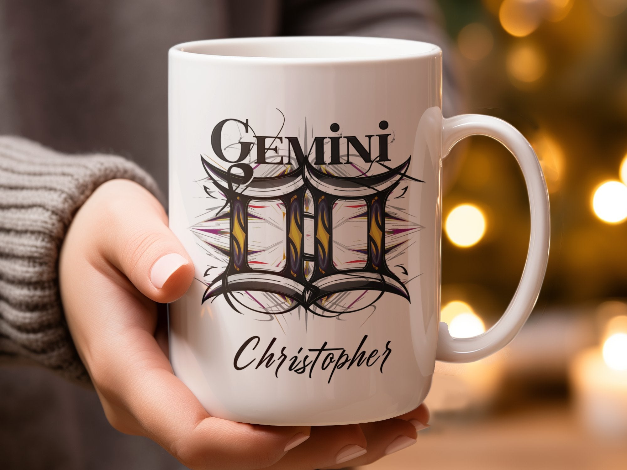 Gemini mug with personalized name "Christopher" and constellation symbol.