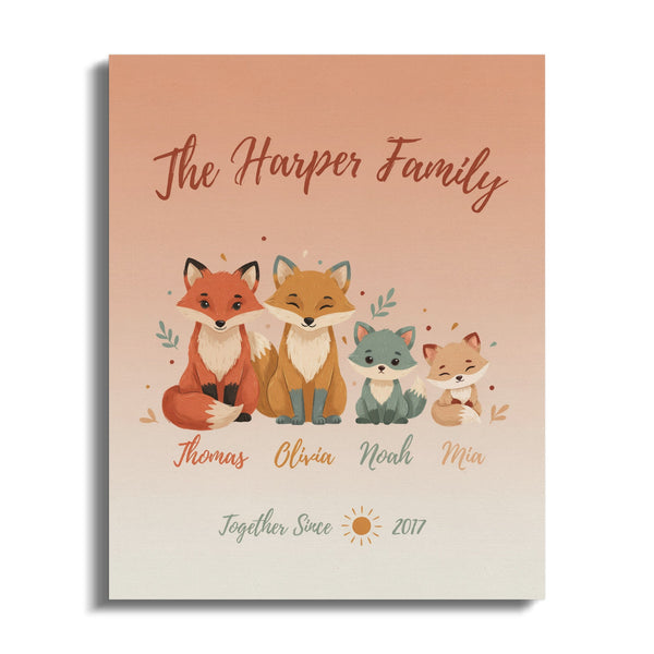 "The Harper Family" canvas with four cartoon foxes, names, and "Together Since 2017".