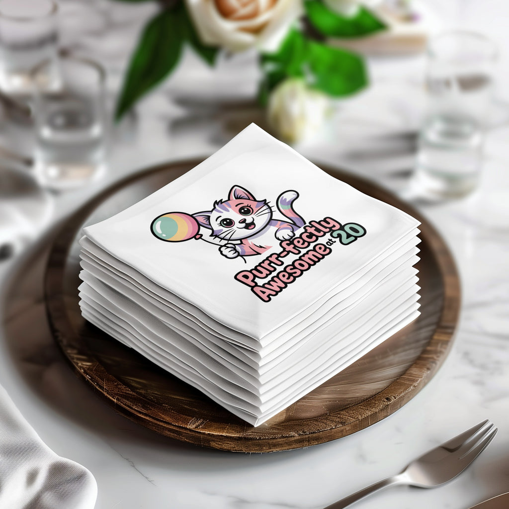 Stack of napkins with a cat and balloon, "Purr-fectly Awesome!" text.