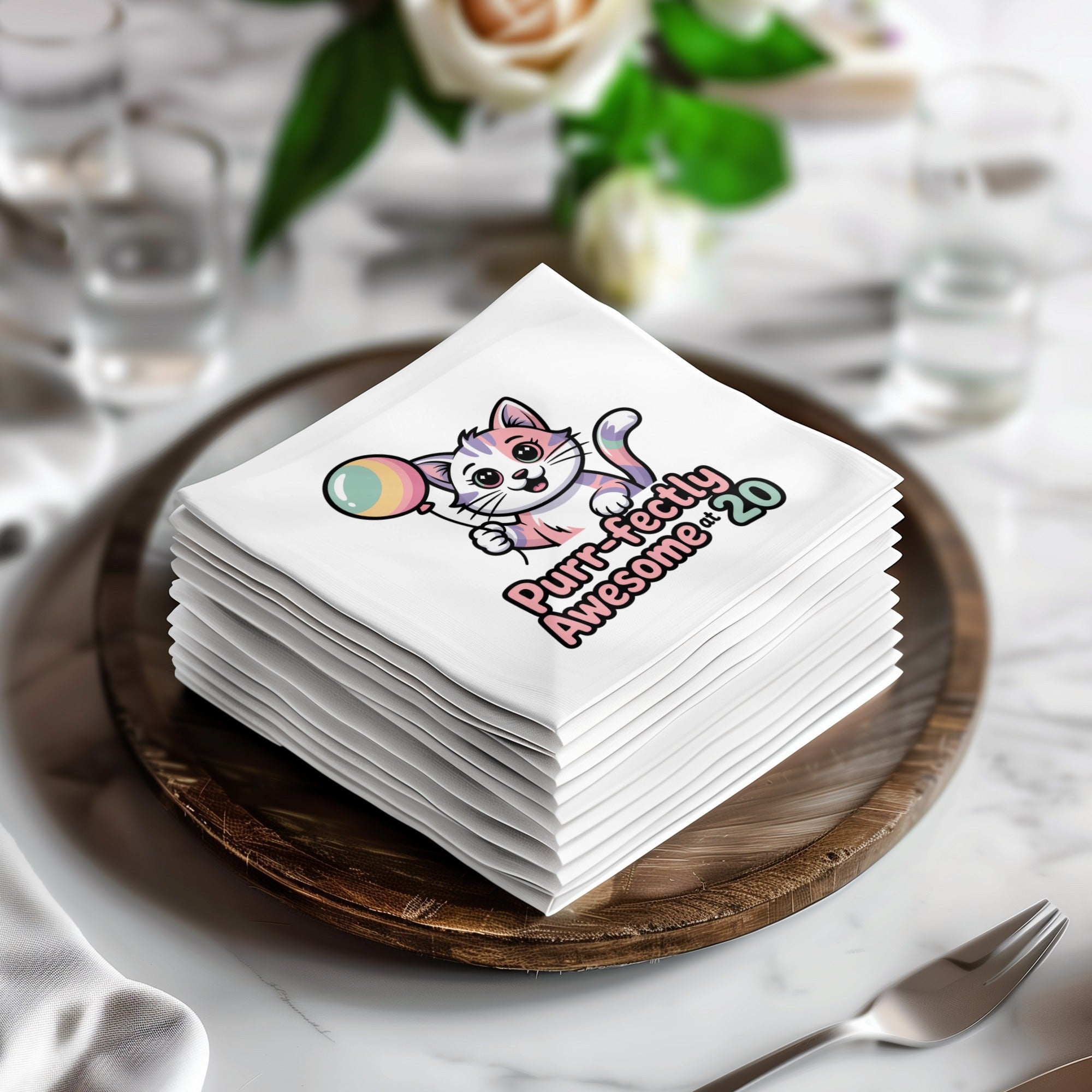 Stack of napkins with a cat and balloon, "Purr-fectly Awesome!" text.