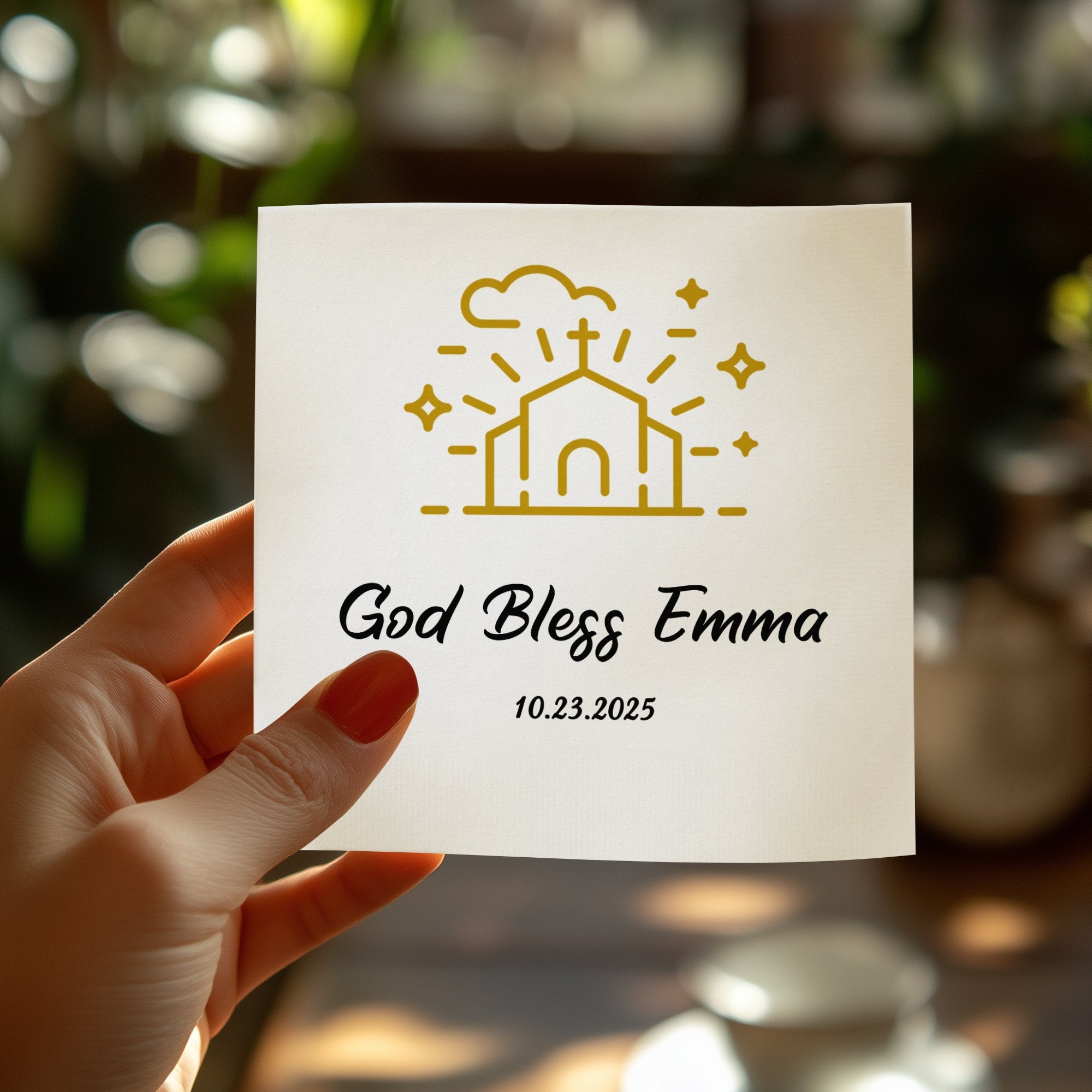 Card with "God Bless Emma" and a church icon.