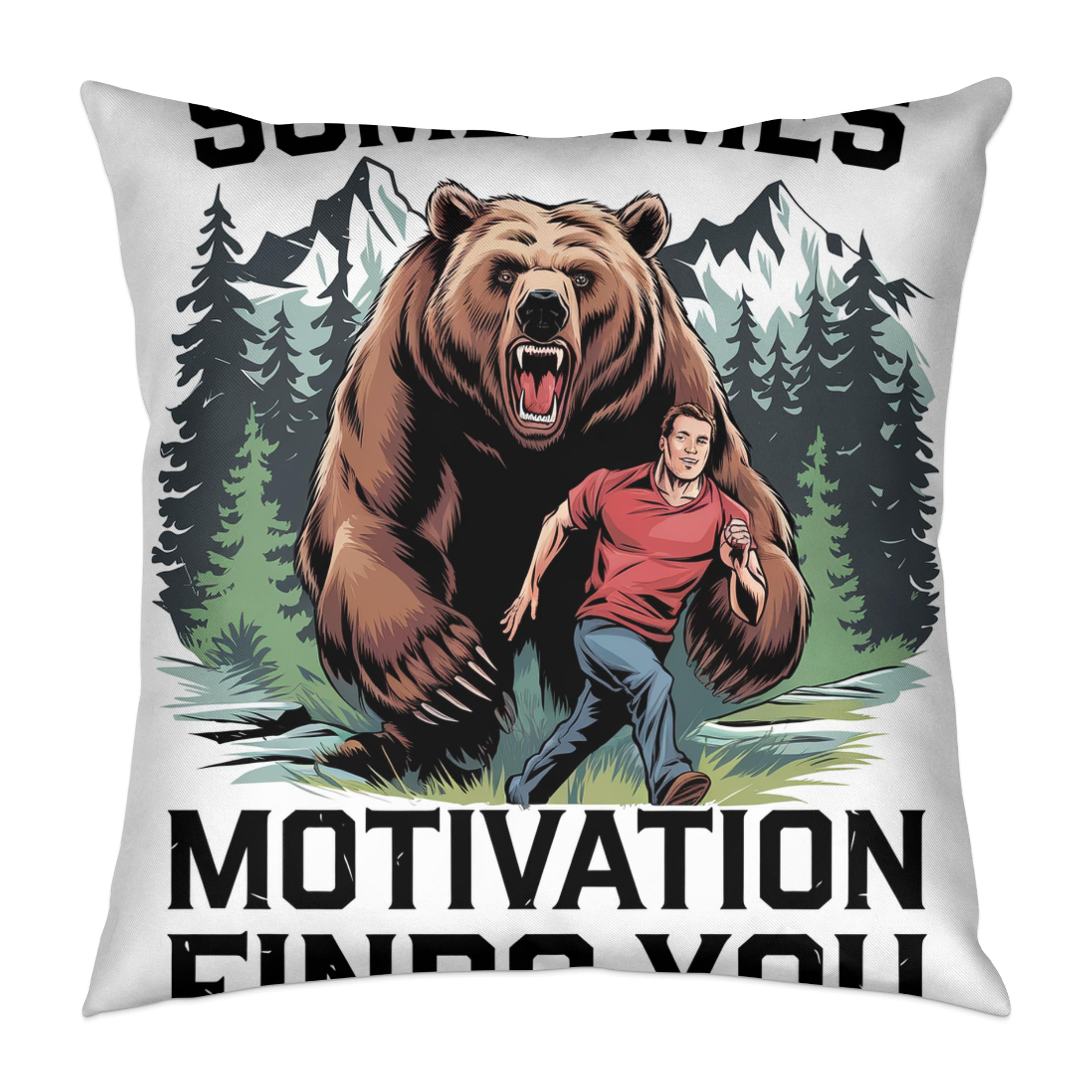 Man running from a bear with "Motivation Finds You" text.