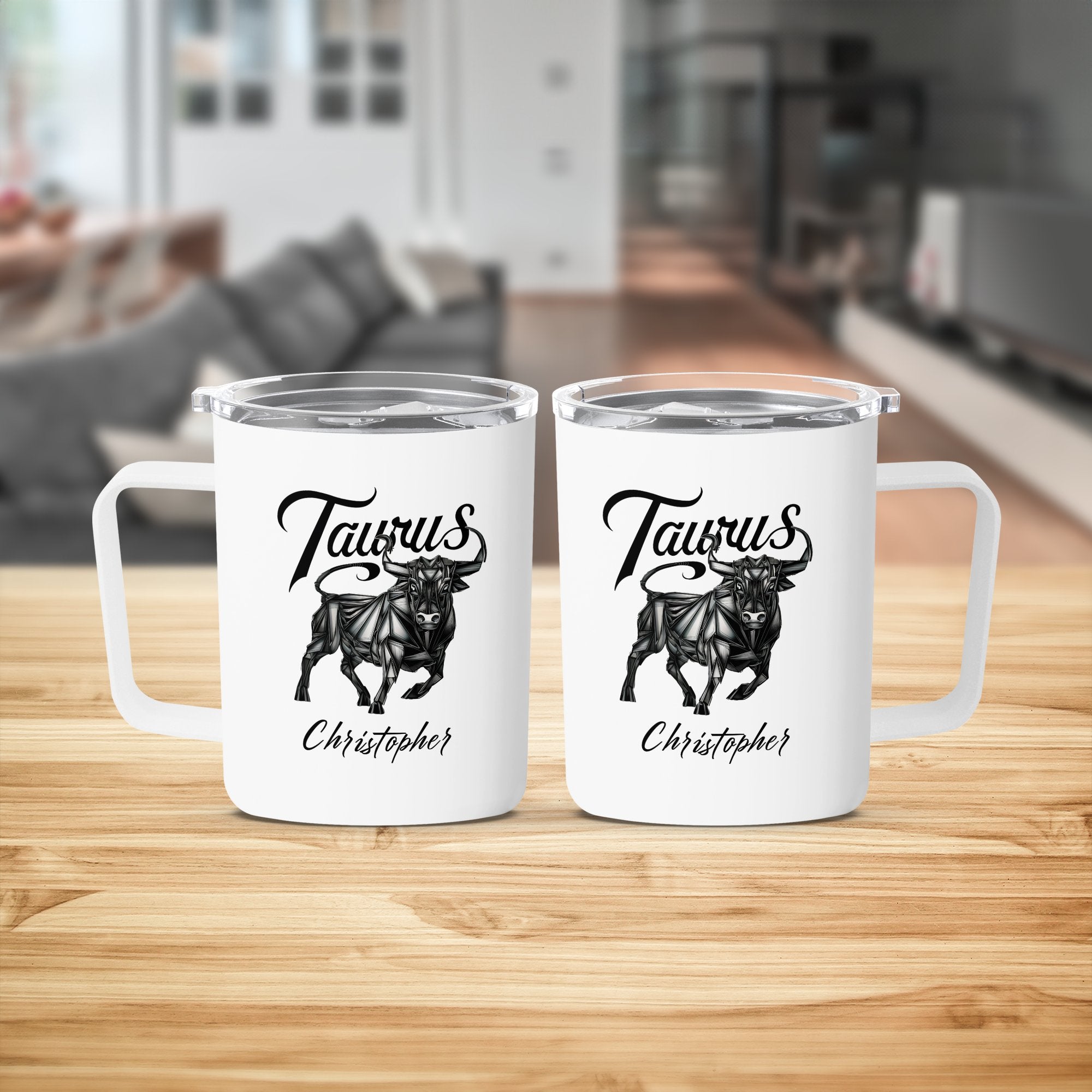 Two white Taurus zodiac mugs with bull design and "Christopher" text.