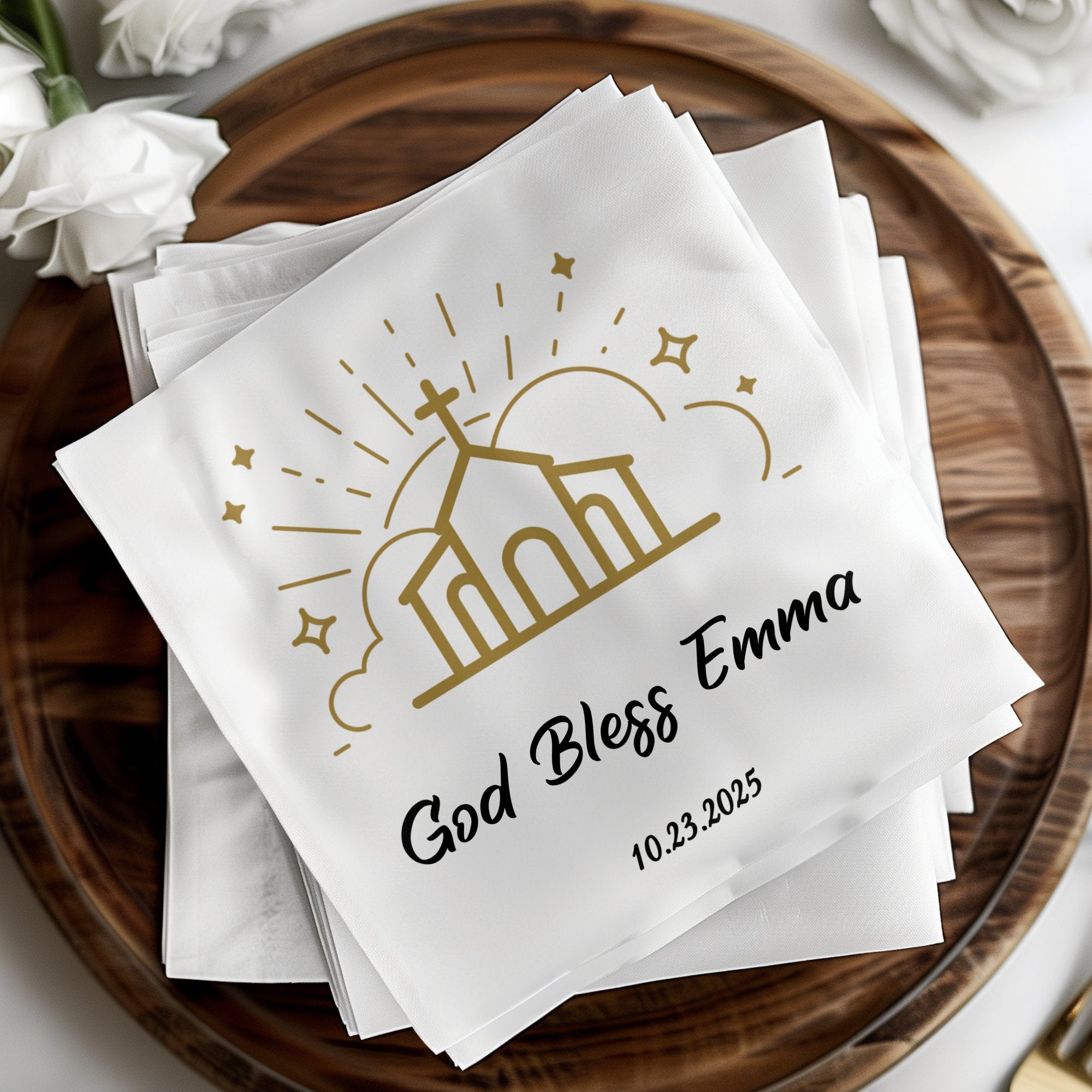 Napkins with "God Bless Emma" and a church design.