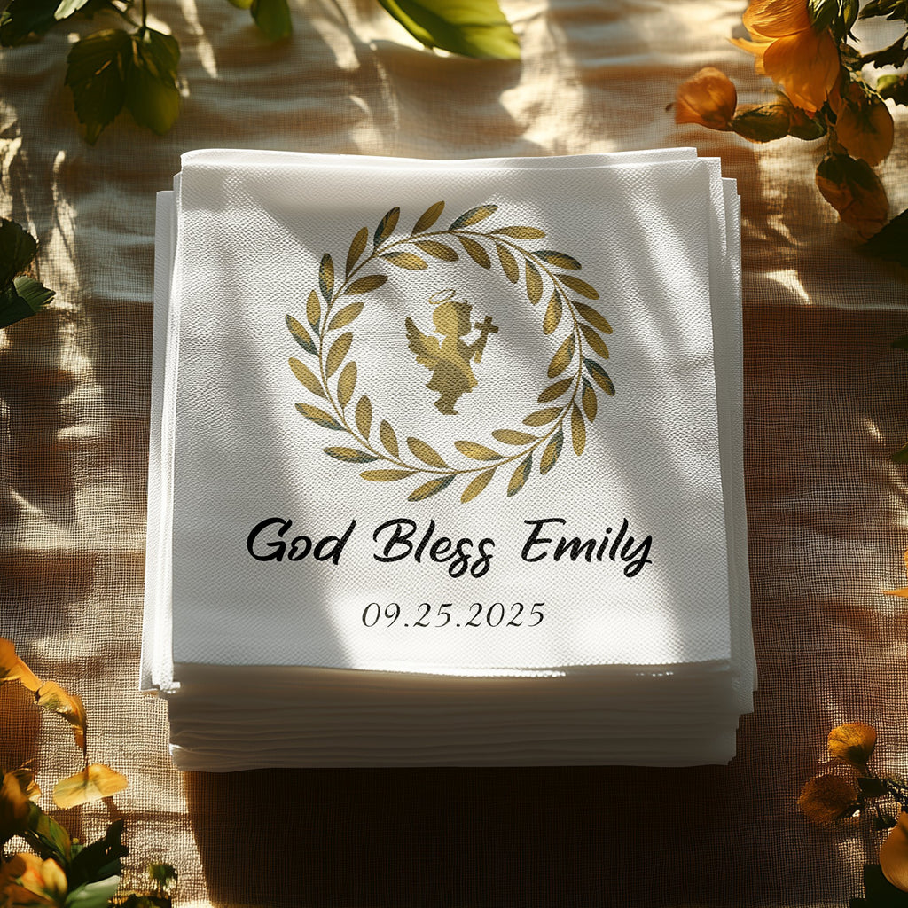 Stack of white napkins with "God Bless Emily" and date 09.25.2025.
