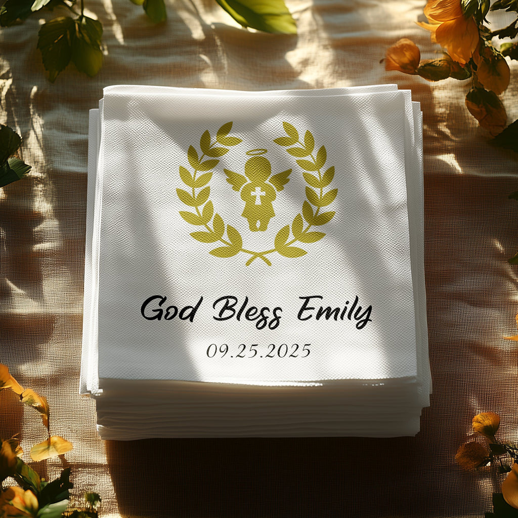Stack of white cocktail napkins with gold angel emblem and custom text.
