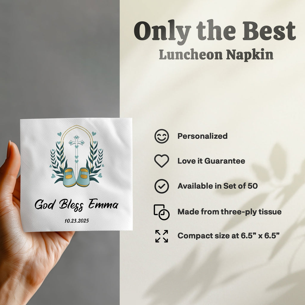 Personalized "God Bless Emma" luncheon napkin with blue booties and cross motif.