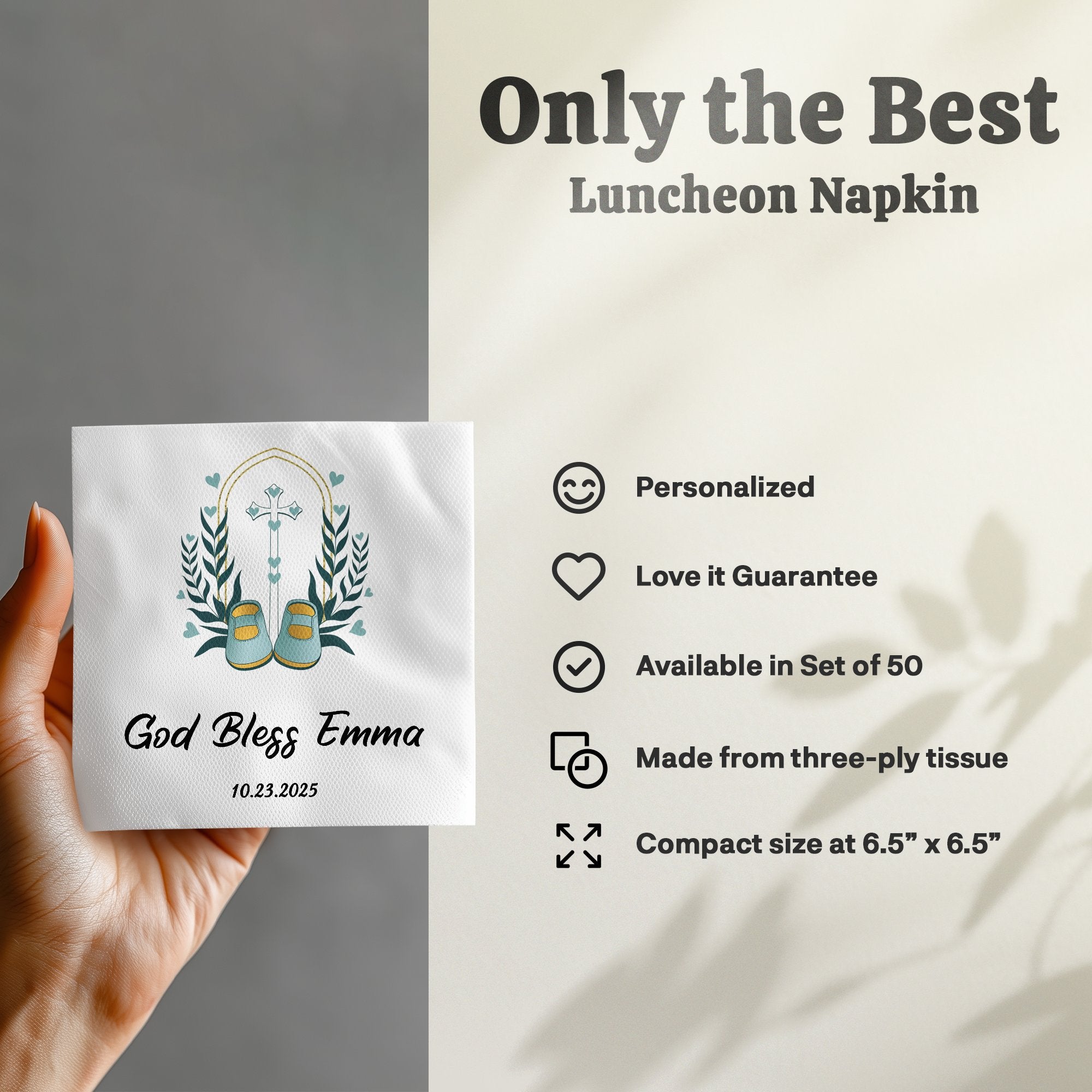 Personalized "God Bless Emma" luncheon napkin with blue booties and cross motif.
