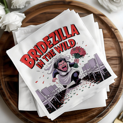 Bridezilla in the Wild graphic on stacked napkins with wedding chairs and confetti.