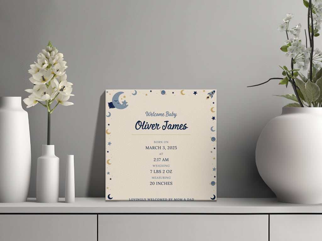 Baby Oliver James birth announcement with moon and stars. Born March 3, 2025.