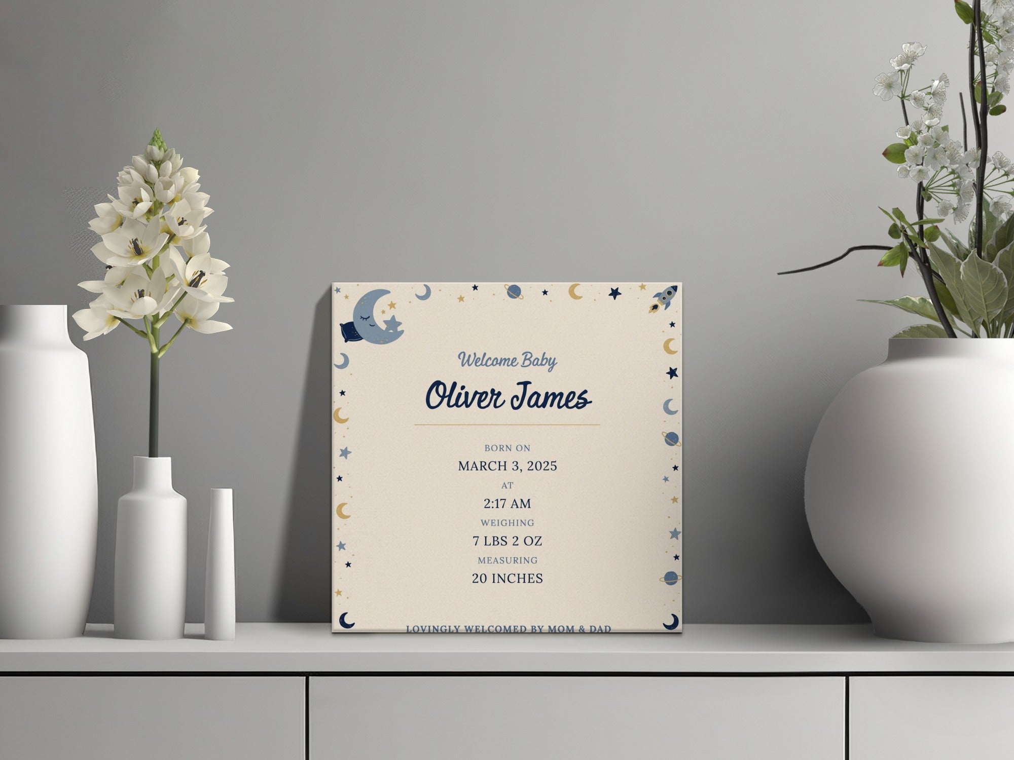 Baby Oliver James birth announcement with moon and stars. Born March 3, 2025.