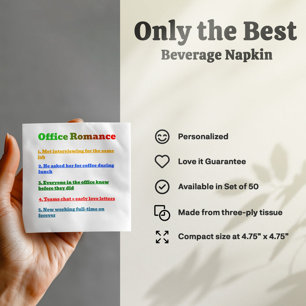 Office Romance beverage napkin with five relationship milestones and product features.