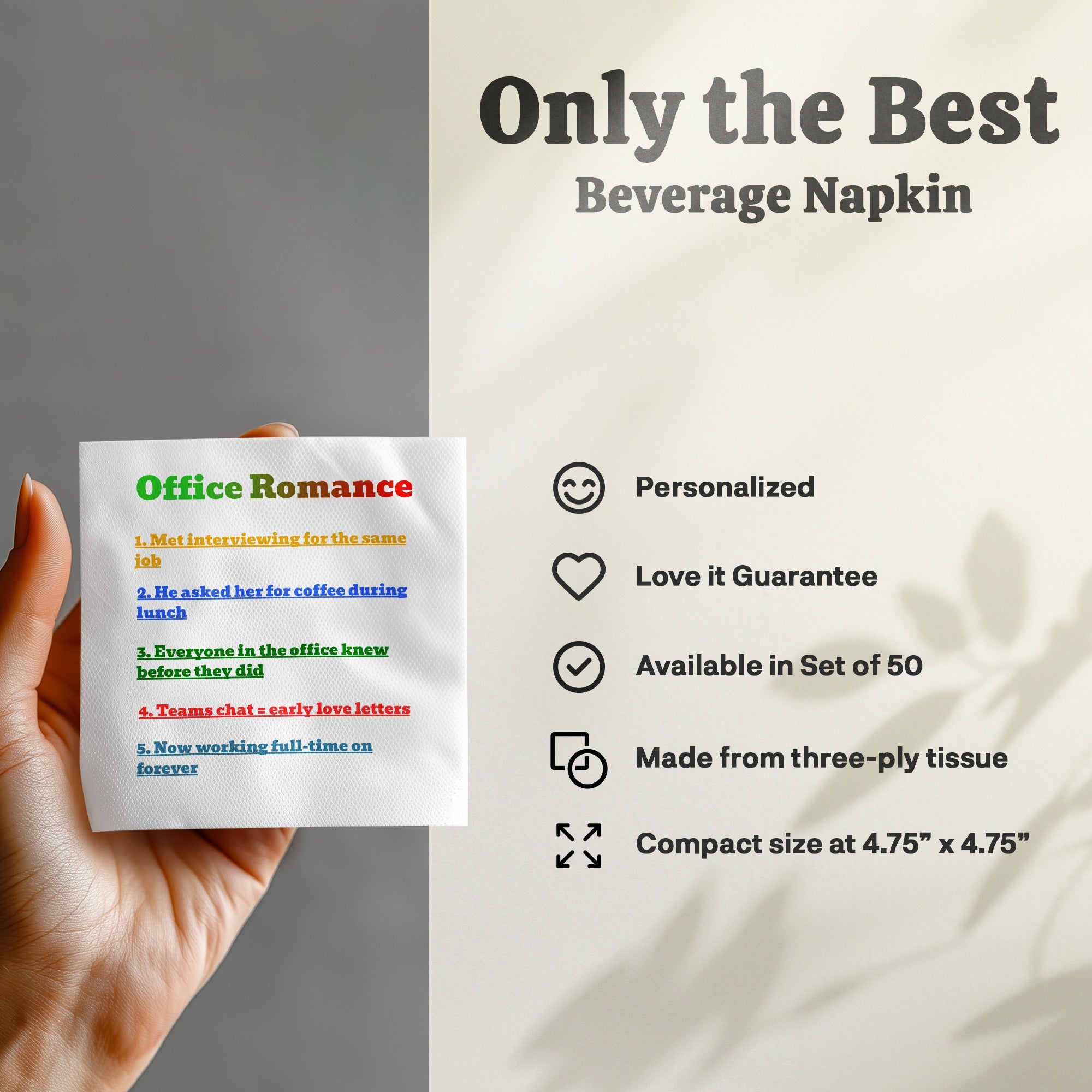 Office Romance beverage napkin with five relationship milestones and product features.