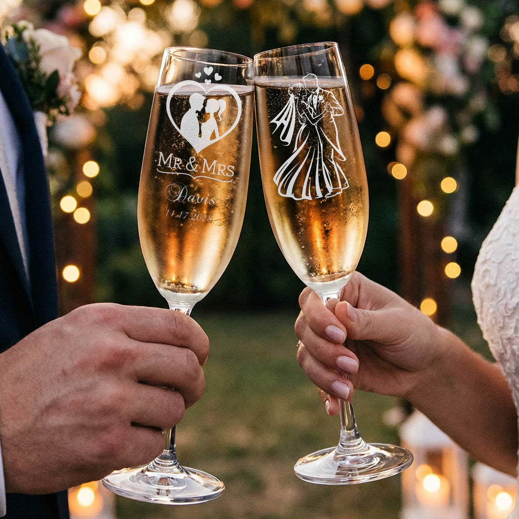 Champagne flutes with bride and groom silhouette, Mr. & Mrs. Davis engraving.