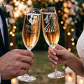 Champagne flutes with bride and groom silhouette, Mr. & Mrs. Davis engraving.